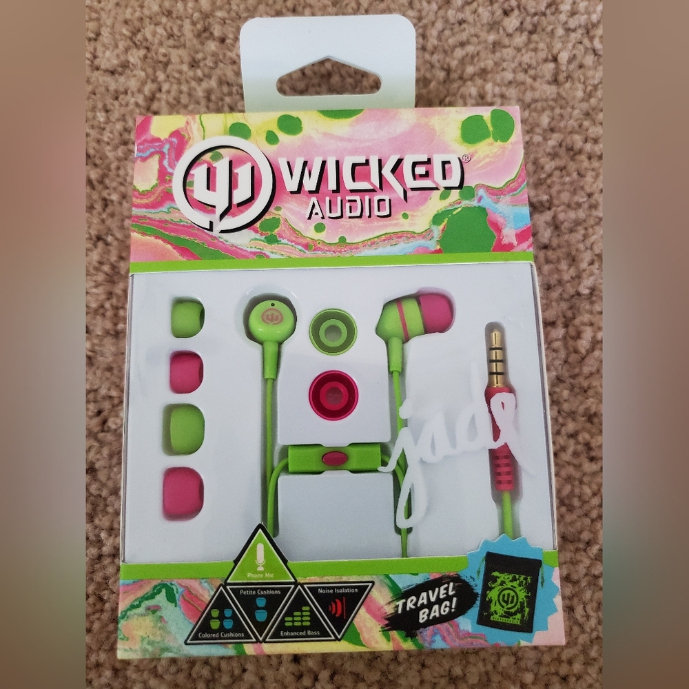 Wicked Audio Jade Earbuds - Kiwi/Bubblegum WI-3052- Comes with Travel Bag - NEW